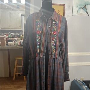 Floral Embroidered Plaid Long Sleeve Dress